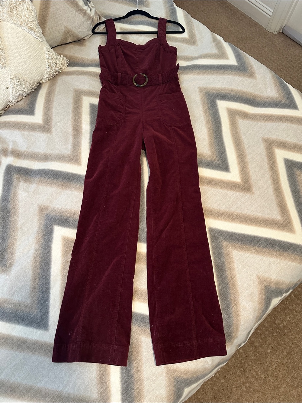 Anthropologie Maroon Corduroy Belted Jumpsuit
